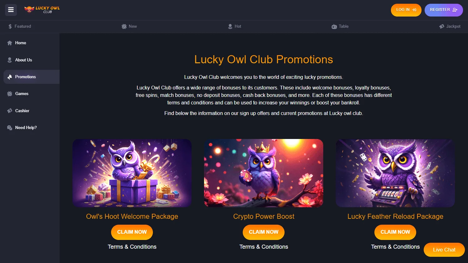 Lucky Owl Club Casino desktop promotions screen
